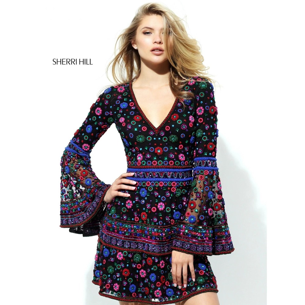 Sherri Hill 50667 Size 2 Beaded Sequin Cocktail Dress Black Floral Bell Sleeve